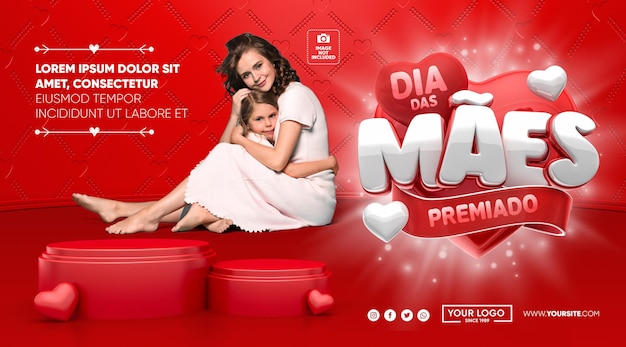 Banner Mothers Day awarded in Brazil 3d render with hearts template design