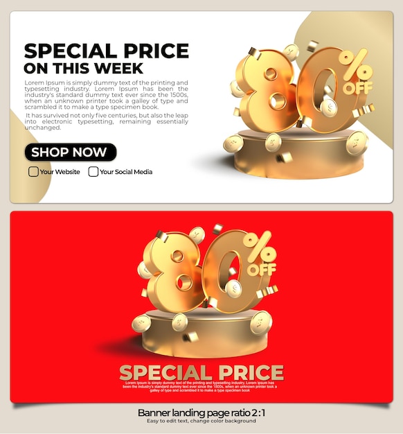 banner pack for landing page, online shop discount sale gold promo product, special price 80 percent