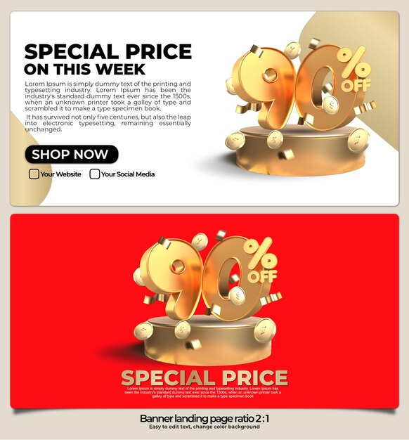 banner pack for landing page, online shop discount sale gold promo product, special price 90 percent