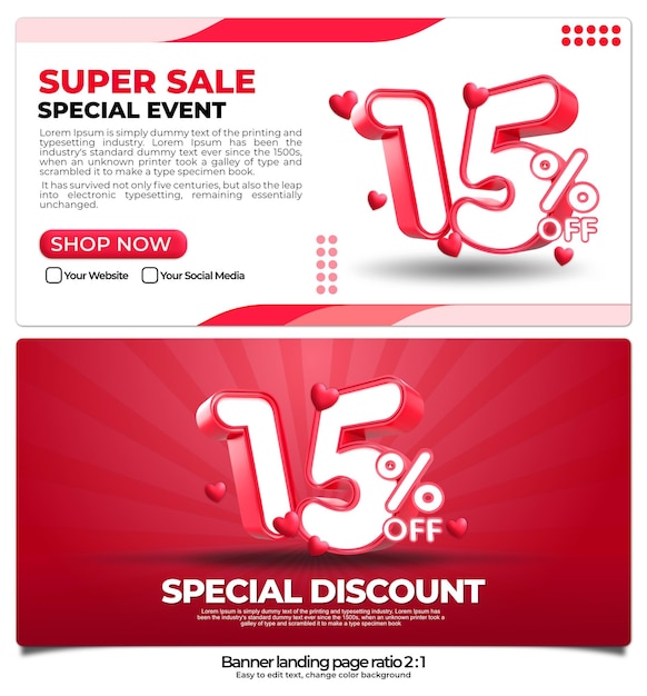 banner pack for landing page,  online shop discount sale promo product, special price 15 percent