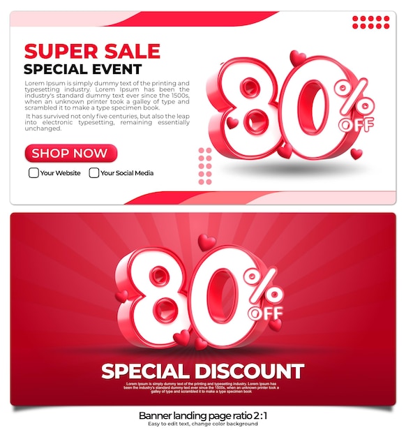 banner pack for landing page,  online shop discount sale promo product, special price 80 percent