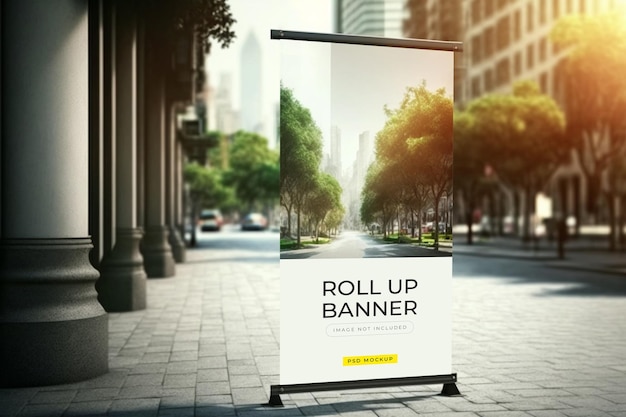 A banner for roll up banner on a city street