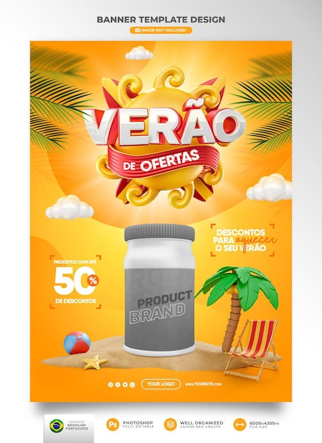 Banner summer of offers in brazil 3d render template for marketing campaign in portuguese