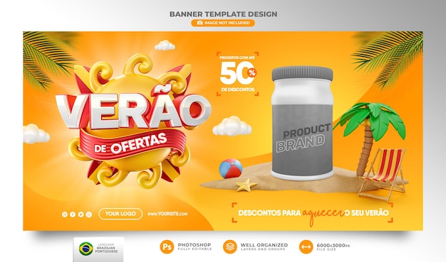 Banner summer of offers in brazil 3d render template for marketing campaign in portuguese