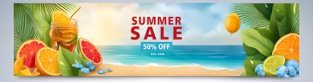 Banner summer sale with beach elements realistic background