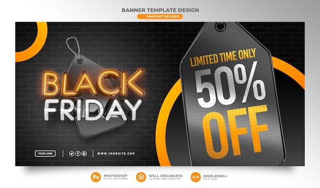 Banner template black friday 3d realistic render for marketing campaign