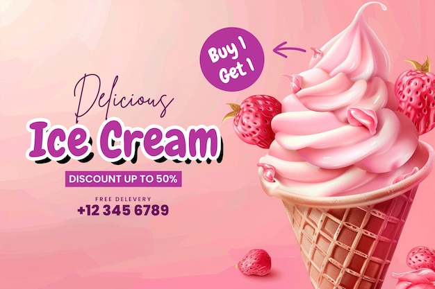 PSD a banner template for delicious ice cream sale with delicious ice cream background