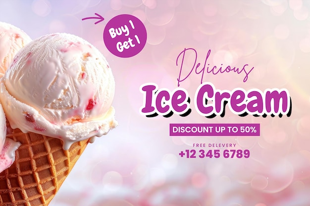 PSD a banner template for delicious ice cream sale with delicious ice cream background