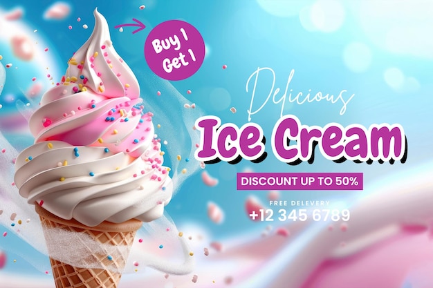 PSD a banner template for delicious ice cream sale with delicious ice cream background