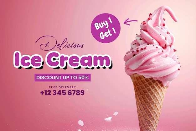 PSD a banner template for delicious ice cream sale with delicious ice cream background