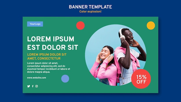 Banner template with man and woman listening to music on headphones