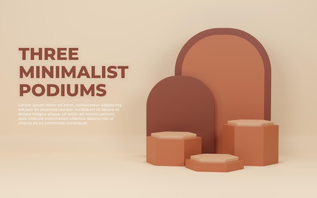 banner template with three podiums 3D minimalist brown color Premium Psd