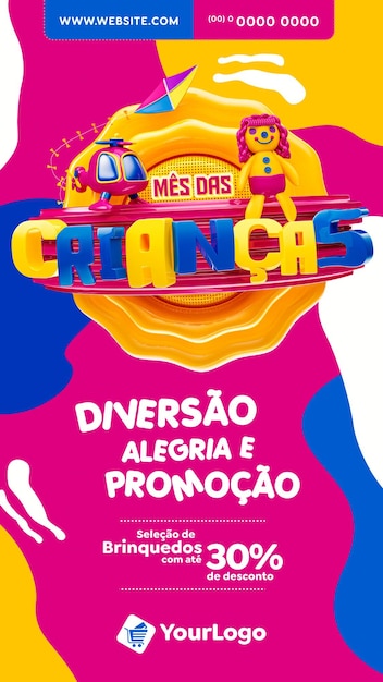 Banner with 3d stamp in portuguese for children's day