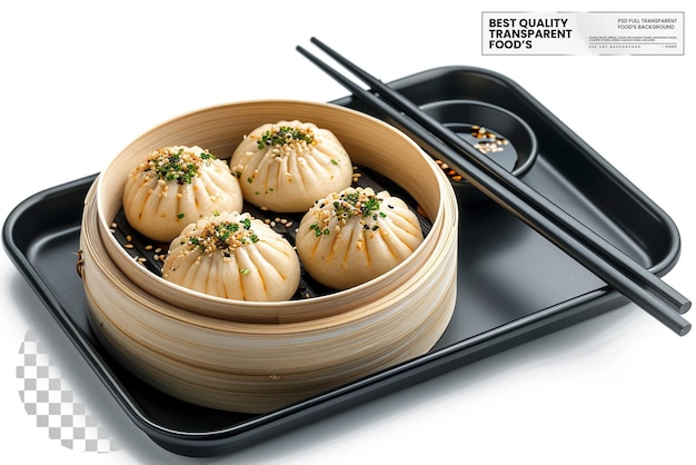 PSD baozi steamed buns presented in black bamboo steamers on transparent background