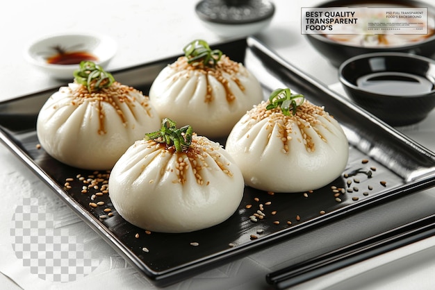 Baozi Steamed Buns Presented in black bamboo steamers on transparent background