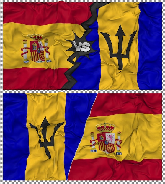 Barbados vs Spain Half Combined Flag Cloth Bump Texture 3D Rendering