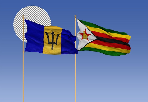 Barbados and Zimbabwe Wavy Flags Together Bilateral Relations 3D Rendering