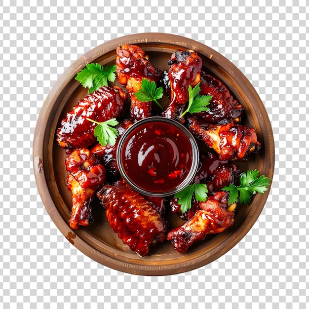 PSD barbecue chicken wings with white sesame and various spices on a plate with transparent background