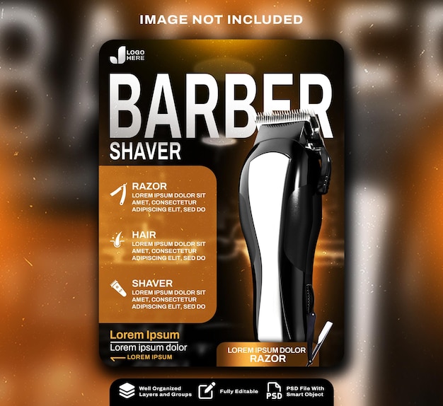 PSD barber shop hair cut poster design template with a picture of barber shaver and barber shop bg num 2