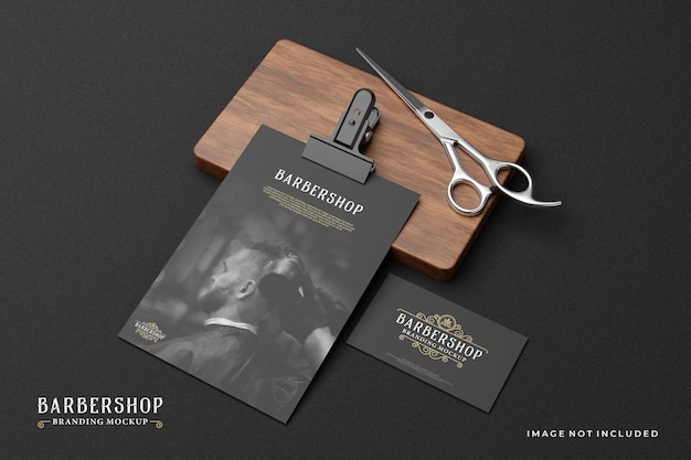 Barbershop branding mockup in dark theme