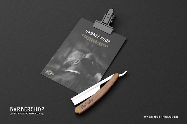 Barbershop branding mockup in dark theme