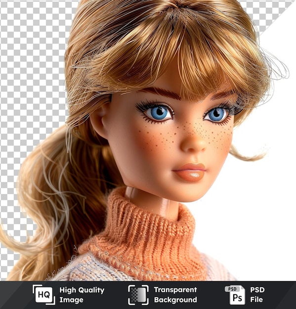 PSD barbie doll with blue eyes a small nose and an ear on transparent background