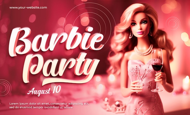 Barbie style party poster featuring Barbie with a glass