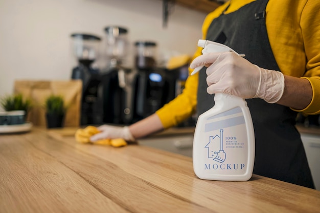 PSD barista cleaning counter with cleaning solution mock-up