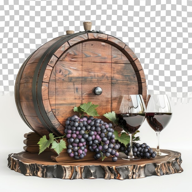 PSD a barrel with grapes and a glass of wine on it