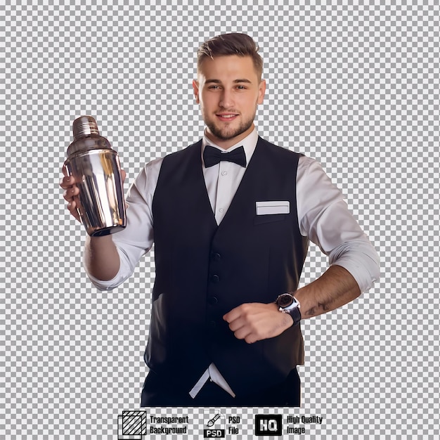 PSD bartender in work attire holding a shaker standing and facing forward