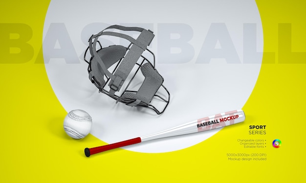 PSD baseball bat mockup with helmet and ball in scene