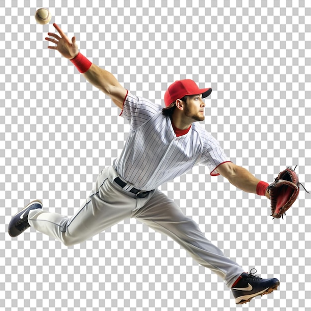 PSD baseball player catching low ball on transparent background