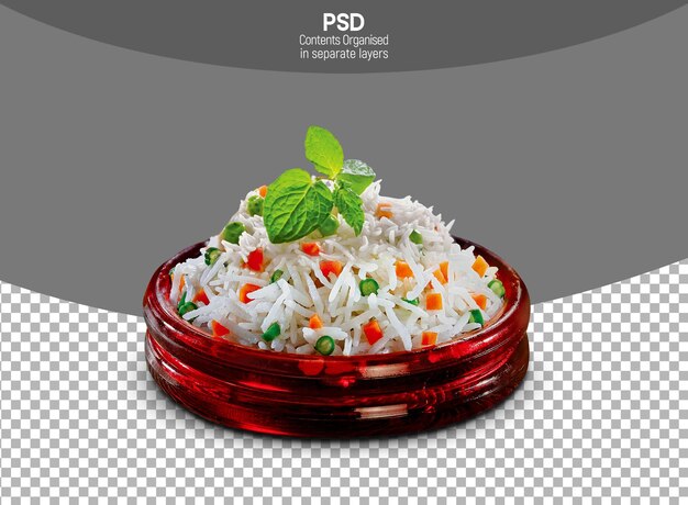 PSD bashmati rice in vintage bowl isolated on white background