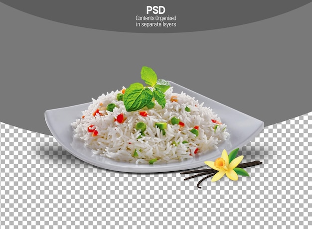 PSD bashmati rice in white plate isolated on white background