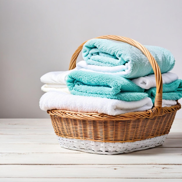 a basket of blue towels on a wooden table