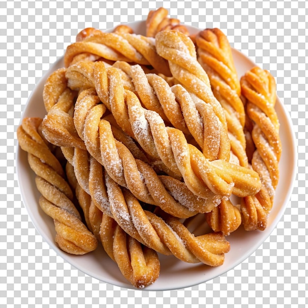 PSD a basket of breaded twists and pastries on a plate on transparent background