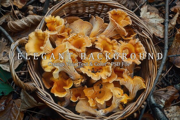 PSD basket of chanterelle mushrooms in autumn foliage