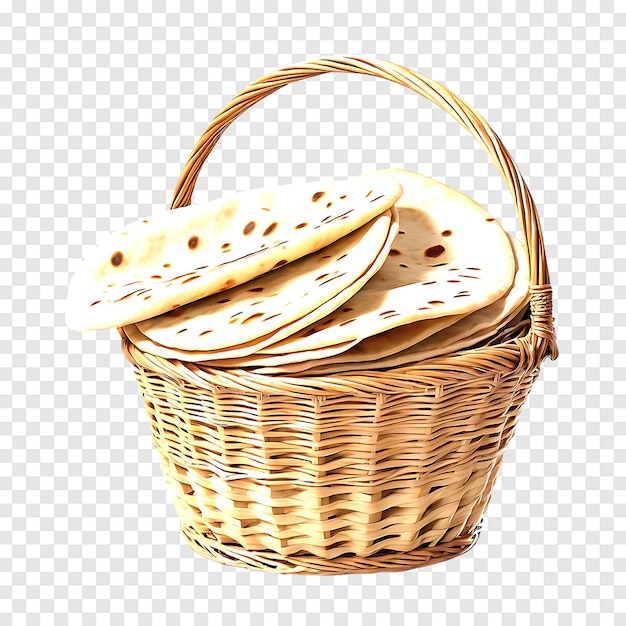 A basket of chapati or Indian flat bread isolated on a transparent background