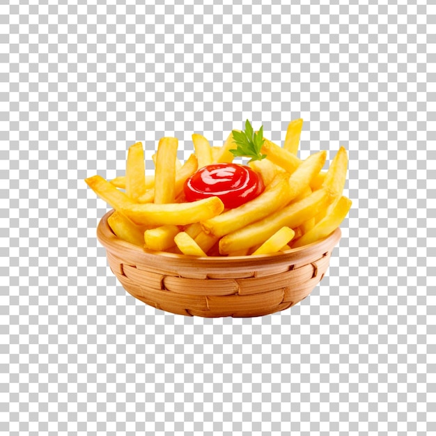 A basket of french fries is on a transparent background