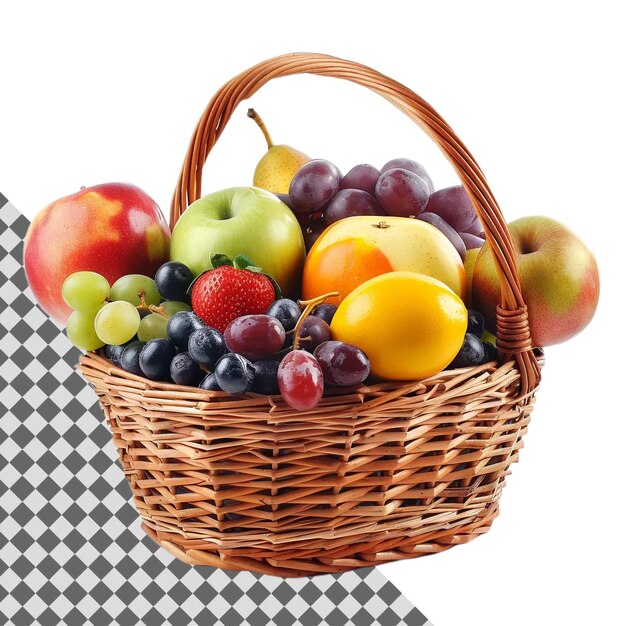 PSD basket of fruit including apples oranges and grapes on transparent background