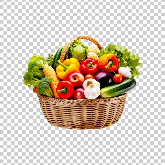 A basket of groceries and vegetables isolated on transparent background