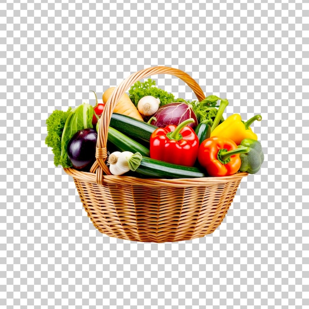 A basket of groceries and vegetables isolated on transparent background