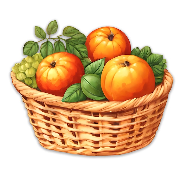 basket of oranges and green grapes with leaves