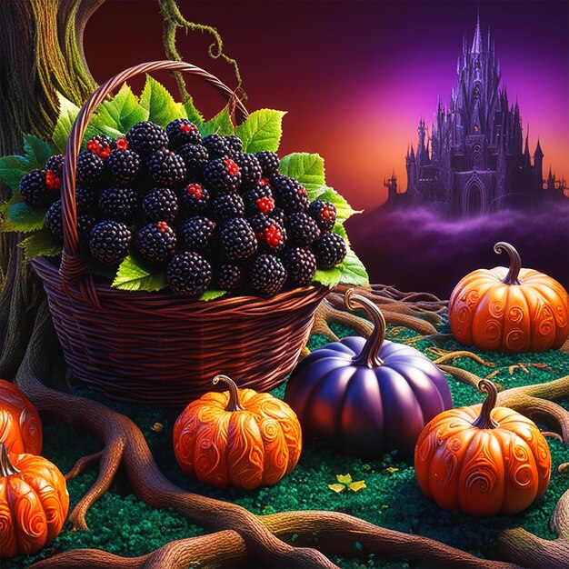 A basket of pumpkins and a castle in the background