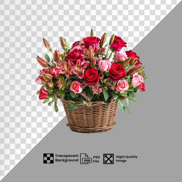 a basket of roses with a picture of a flower in the middle