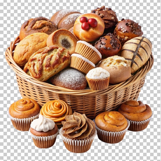 a basket of various types of muffins and muffins with a white background