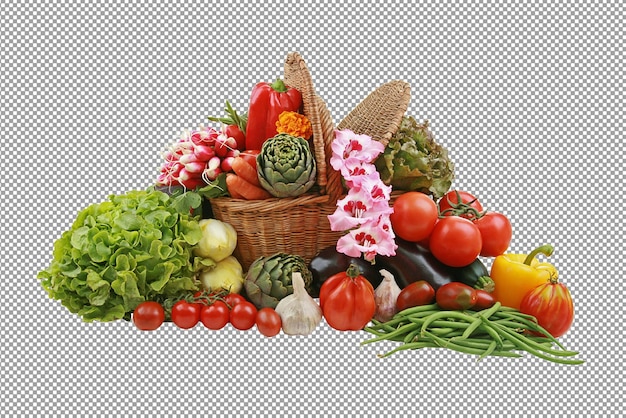 a basket of vegetables including a basket of vegetables and fruits