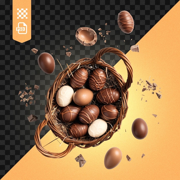 Basket with chocolate Easter eggs on a transparent background for Easter