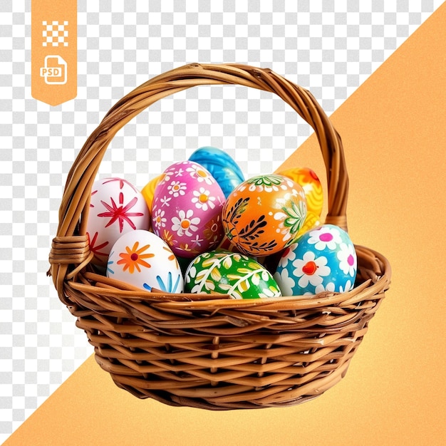 Basket with colorful Easter eggs on transparent background