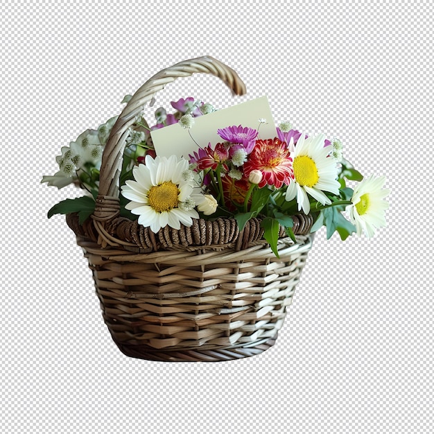 PSD a basket with flowers and a card that says  flowers